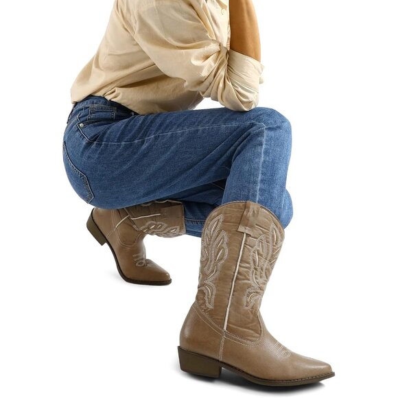 mysoft Women's  Light Brown Western Cowboy Boots Mid Calf Pointed Toe Cowgirl - Picture 5 of 7